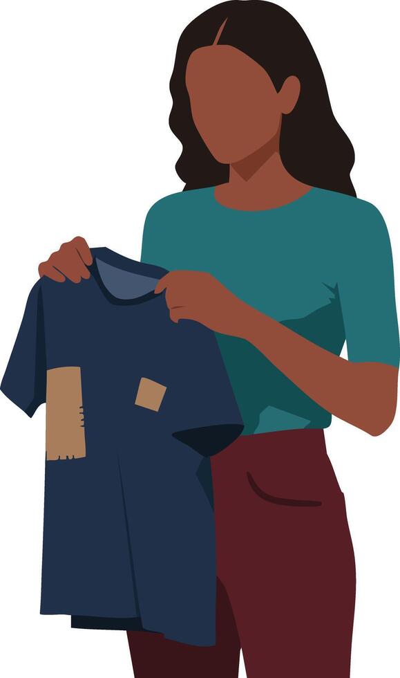 Woman holding torn navy blue shirt with patches in casual outfit illustration vector