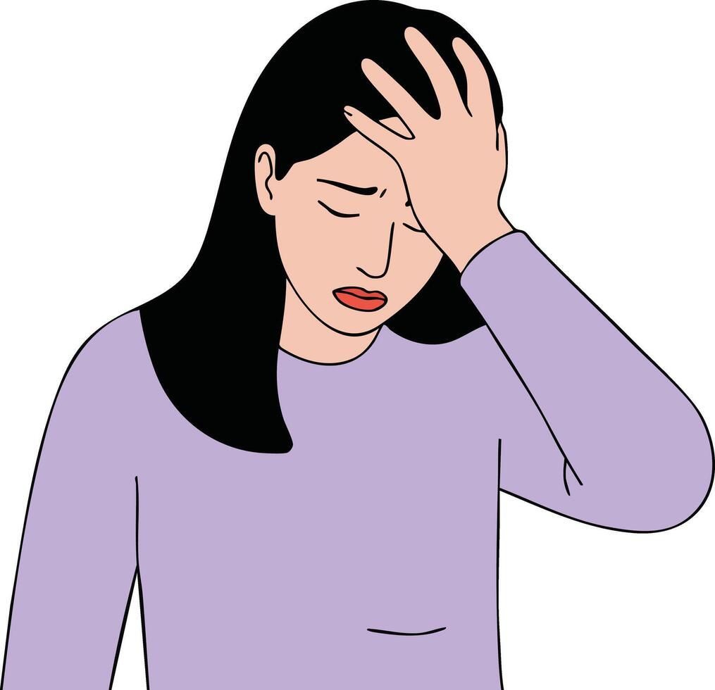Woman holding head in pain showing stress and headache feeling overwhelmed and tired illustration vector