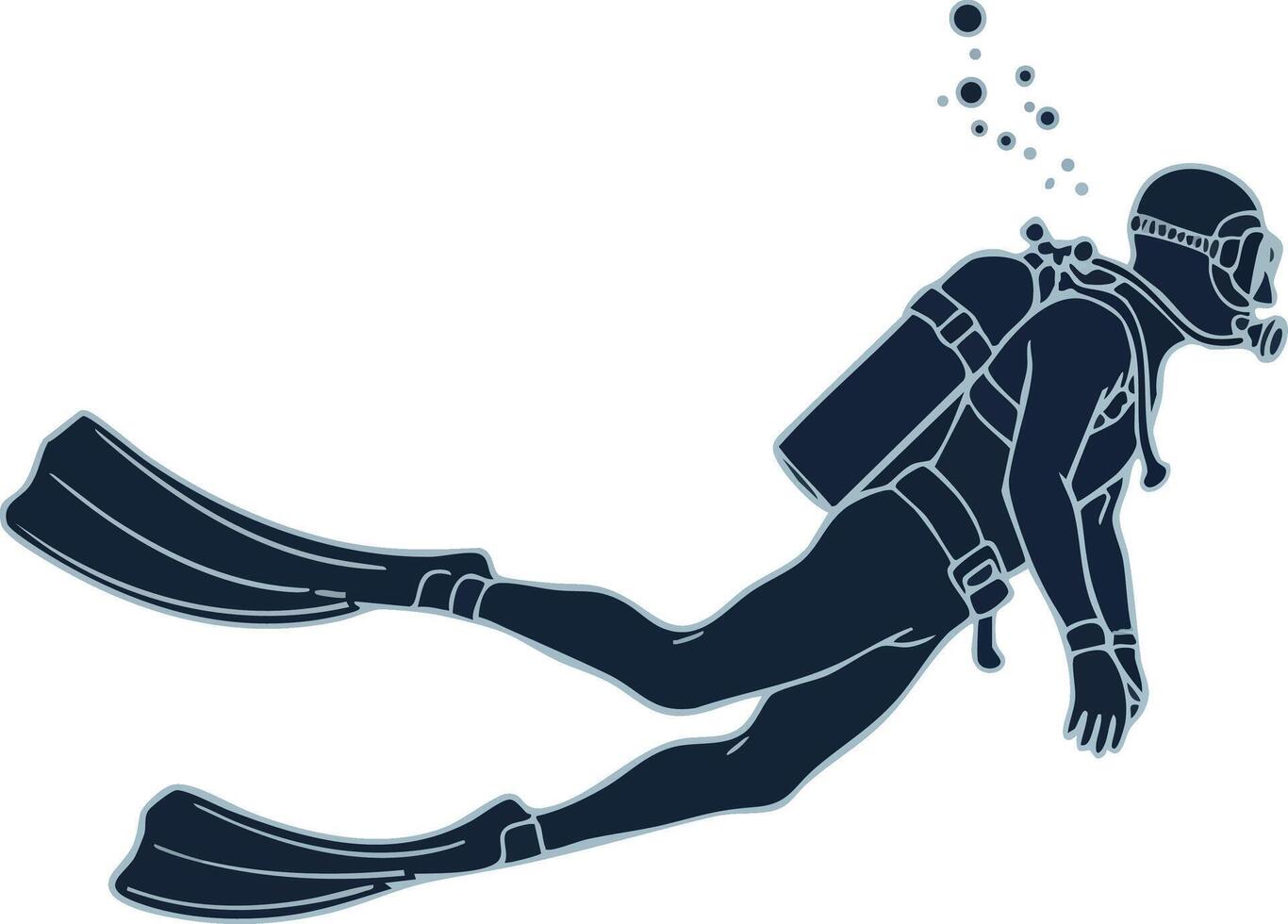 Scuba diver swimming underwater with fins and oxygen tank in deep sea illustration vector