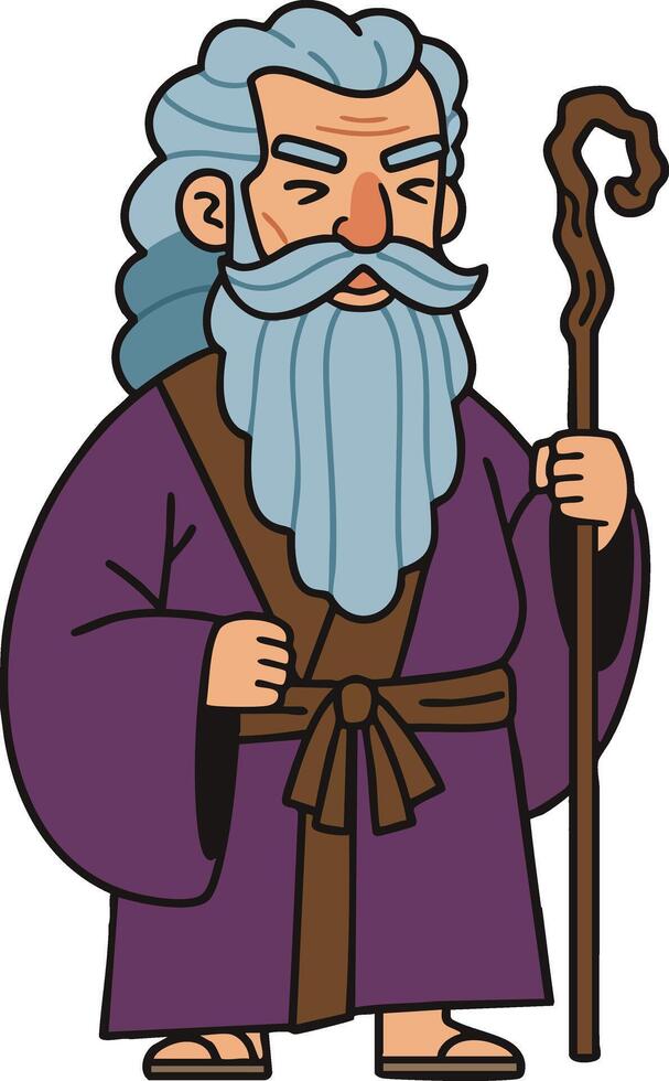 Elderly wizard with long blue beard holding wooden staff in purple robe cartoon illustration vector