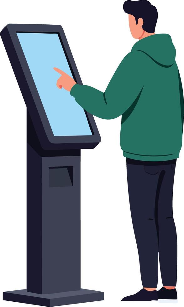 Man using touch screen kiosk terminal for digital interaction technology design vector