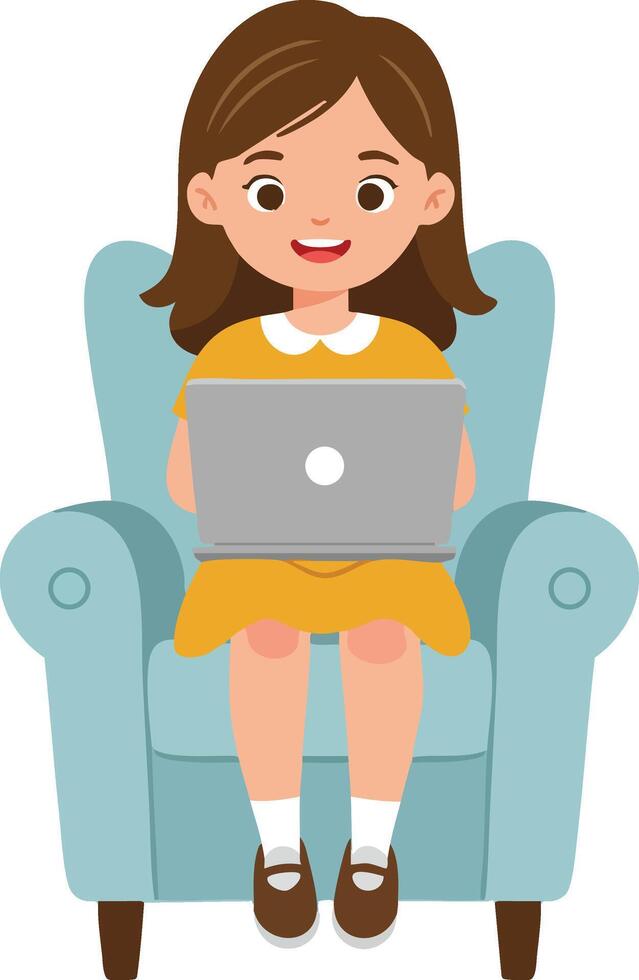 Young girl sitting on blue armchair working on laptop computer smiling happily indoors illustration vector