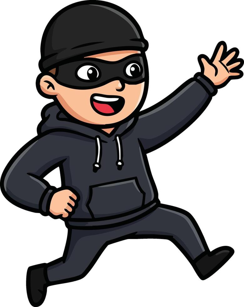Cartoon thief character jumping wearing black hoodie mask and beanie hat cheerful expression illustration vector