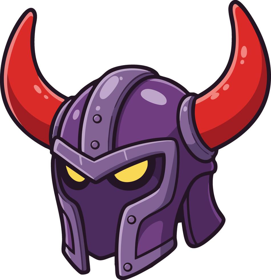 Viking helmet with red horns and glowing yellow eyes in purple medieval style illustration vector