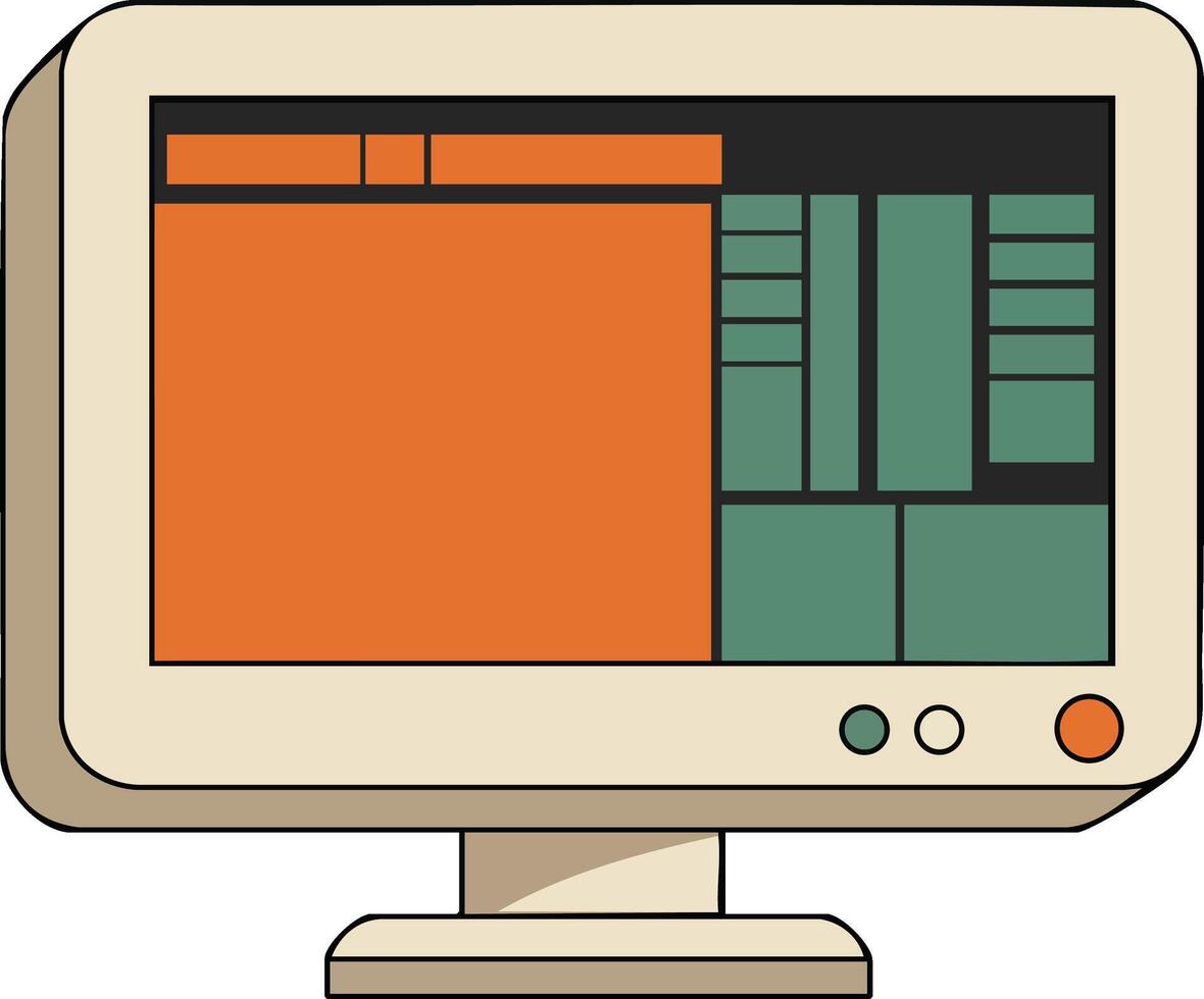 Retro computer monitor with orange and green interface design in style for technology and vintage computing illustration vector