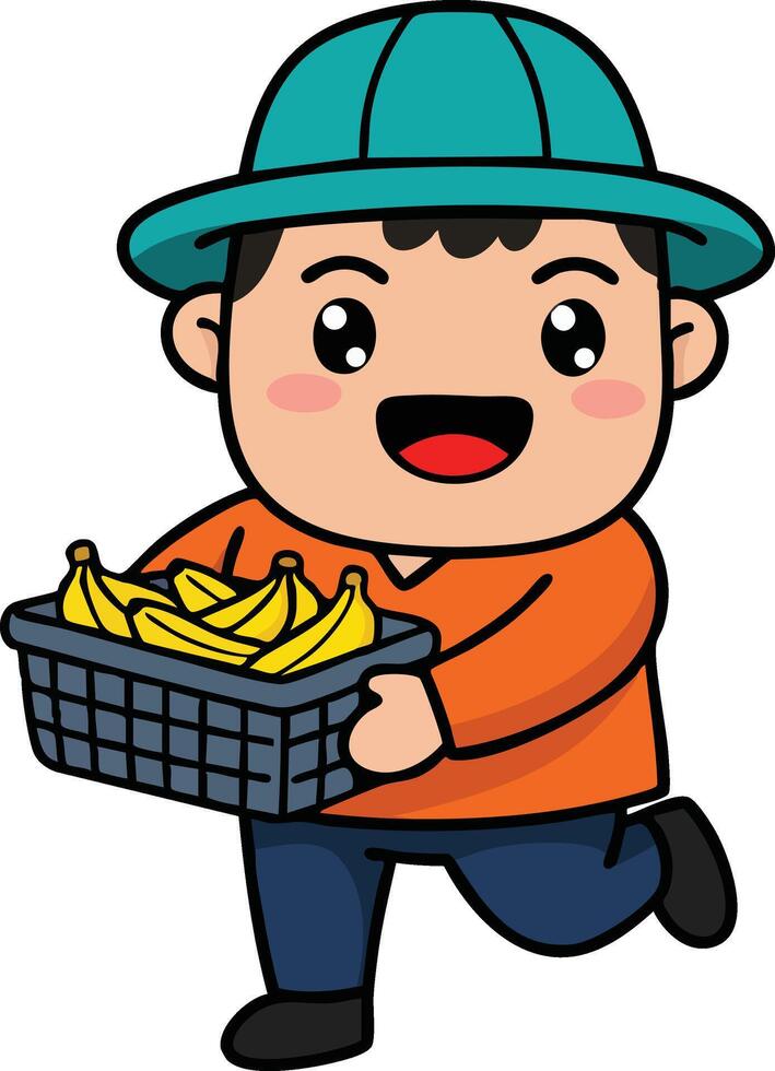 Boy carrying basket full of bananas happy child character art illustration with blue hat and orange sweater vector