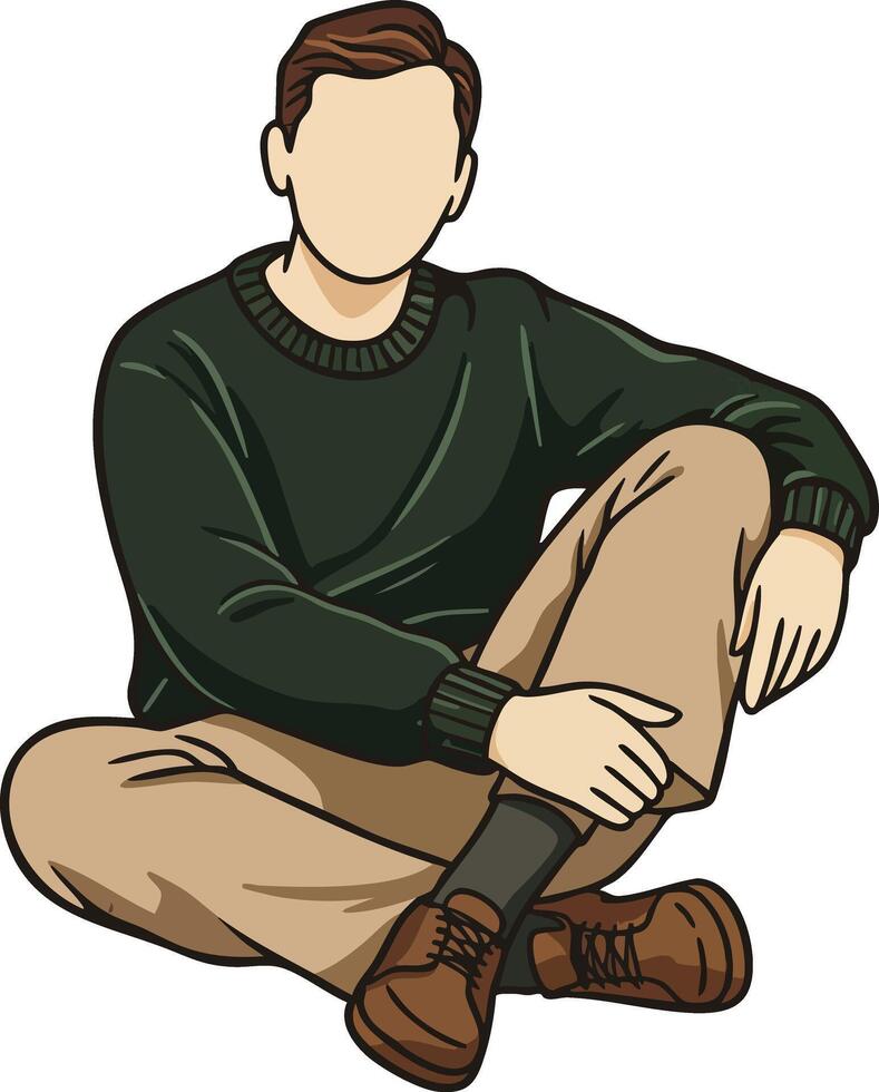 Young man sitting cross-legged wearing dark green sweater and brown pants casual style illustration vector