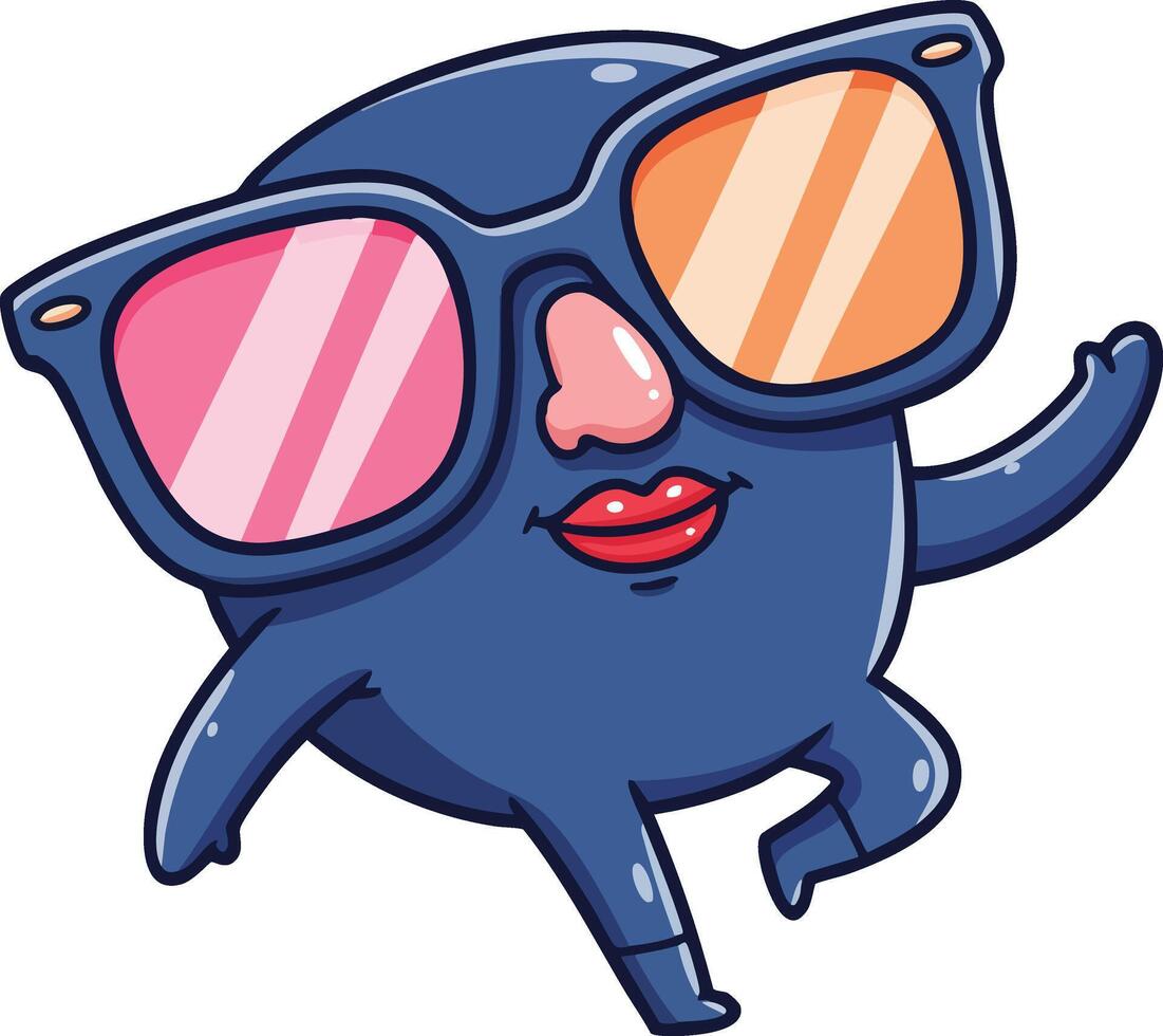 Cool blue cartoon character wearing oversized pink and orange sunglasses with red lips dancing illustration vector