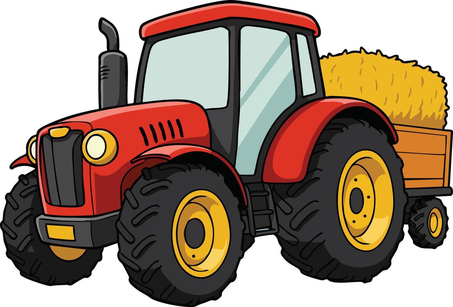 Red tractor carrying hay bale on trailer agricultural vehicle farm equipment design vector