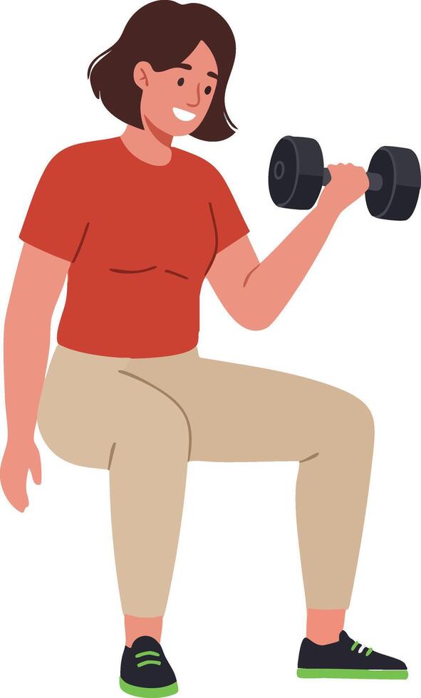 Woman exercising with dumbbell in casual outfit doing squat workout for fitness and health improvement illustration vector