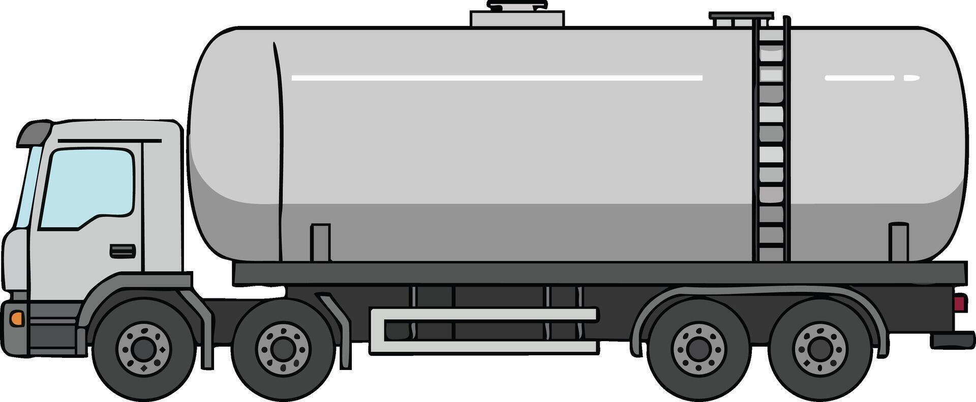Tanker truck side view illustration showing large cylindrical container for liquid transport in industrial design vector