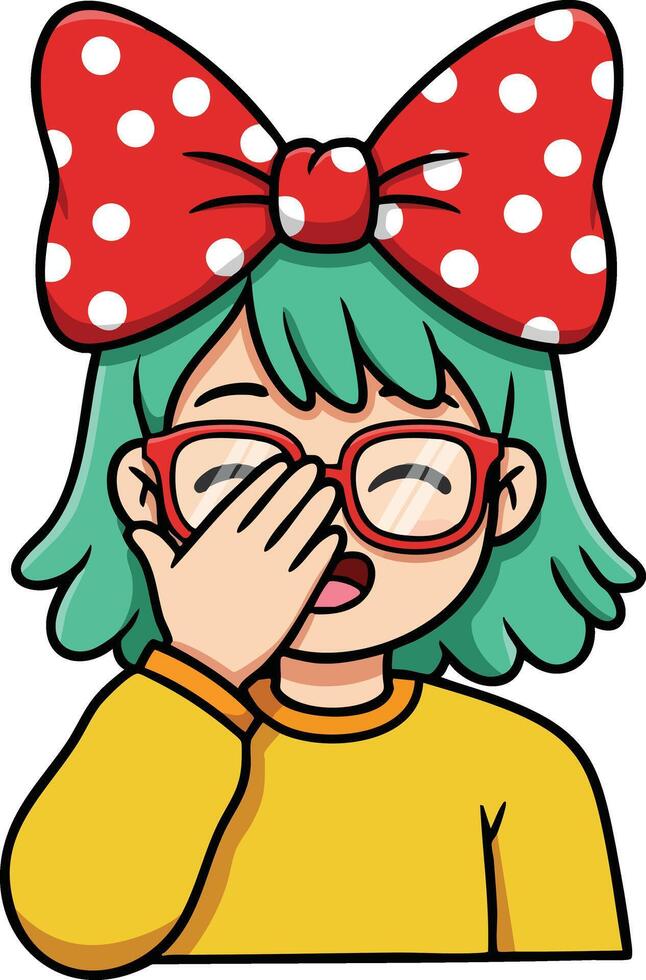 Cute girl with green hair and red glasses covering face with hand wearing yellow sweater and red polka dot bow illustration vector