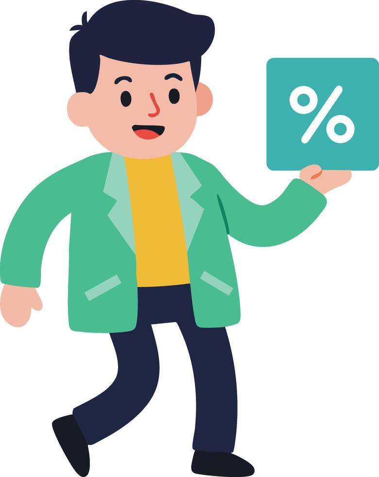 Businessman holding percent sign symbol walking with confidence in flat style digital illustration vector