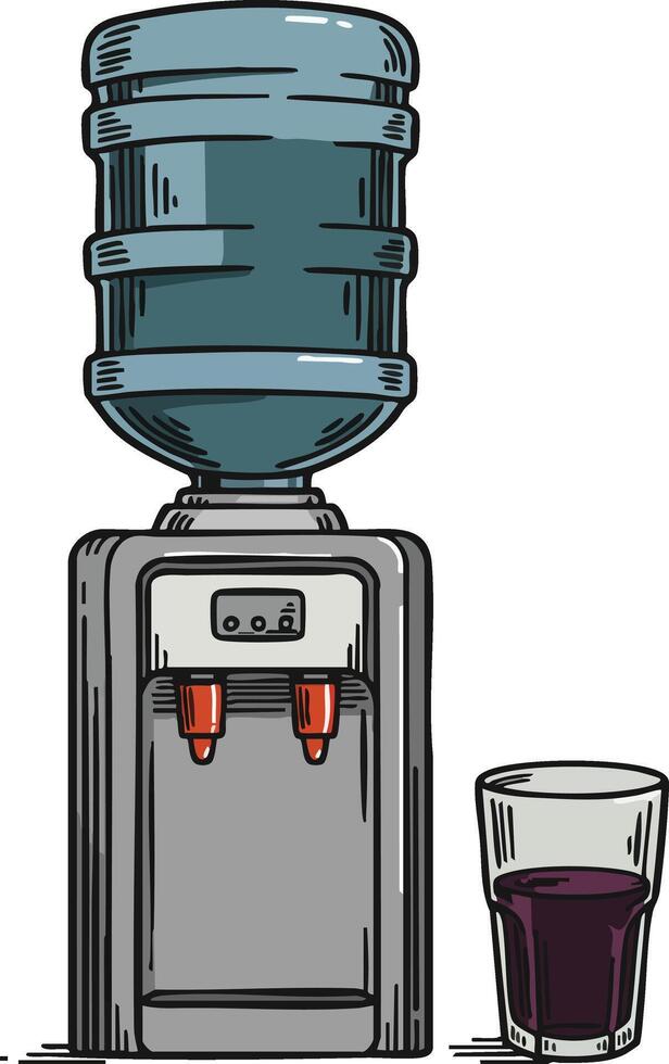 Water cooler with blue bottle and glass filled with dark liquid drawing for office or home hydration needs vector