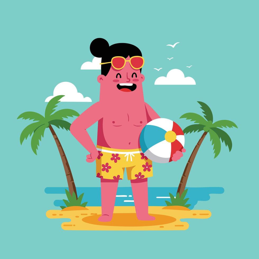 Man standing on tropical beach holding colorful ball wearing sunglasses and floral shorts cartoon illustration vector