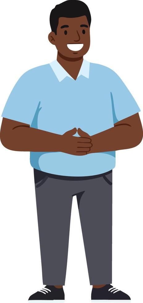 Smiling young man wearing blue shirt and dark pants standing with hands clasped in casual pose illustration vector