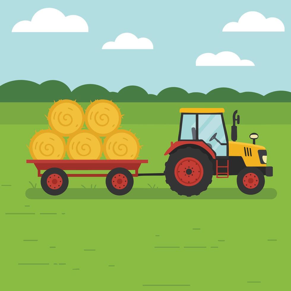 Tractor pulling trailer loaded with hay bales on green farmland under blue sky illustration vector