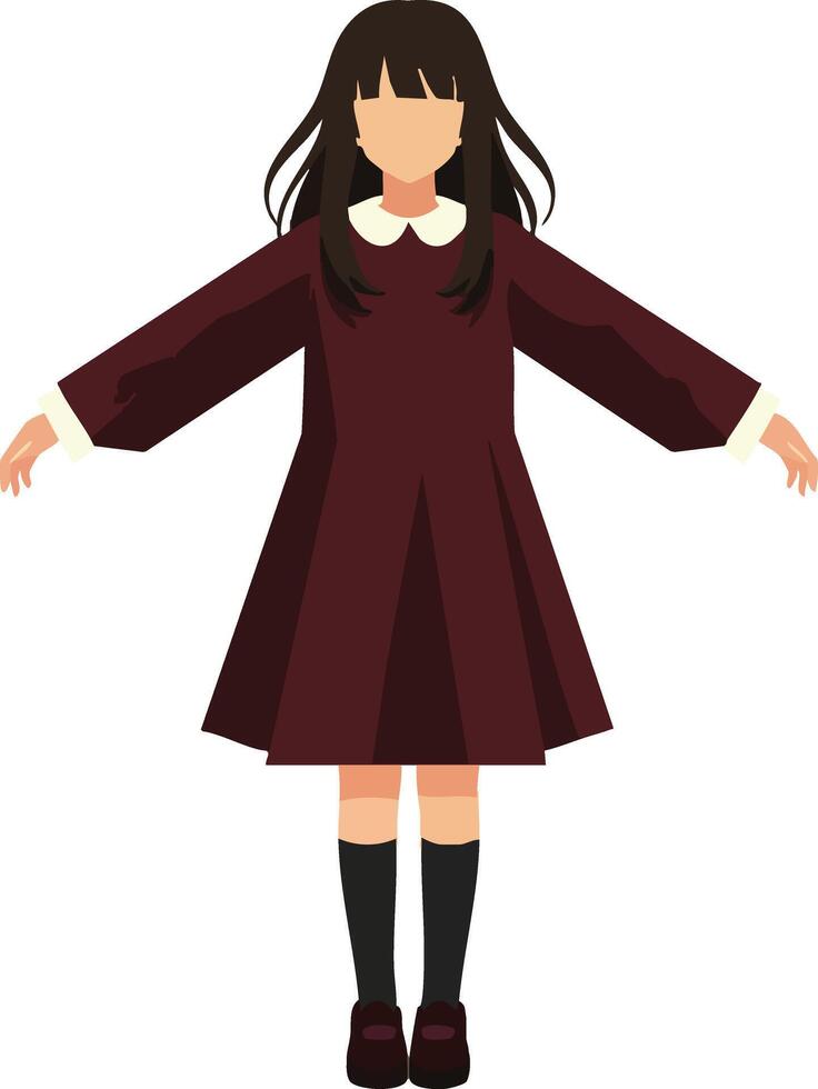 Girl wearing dark red school uniform dress with long black hair illustration character design vector