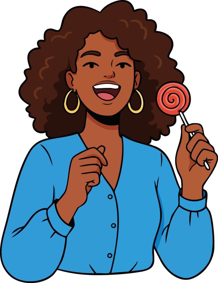 Happy young woman with curly hair holding red lollipop enjoying sweet candy treat in blue blouse illustration vector