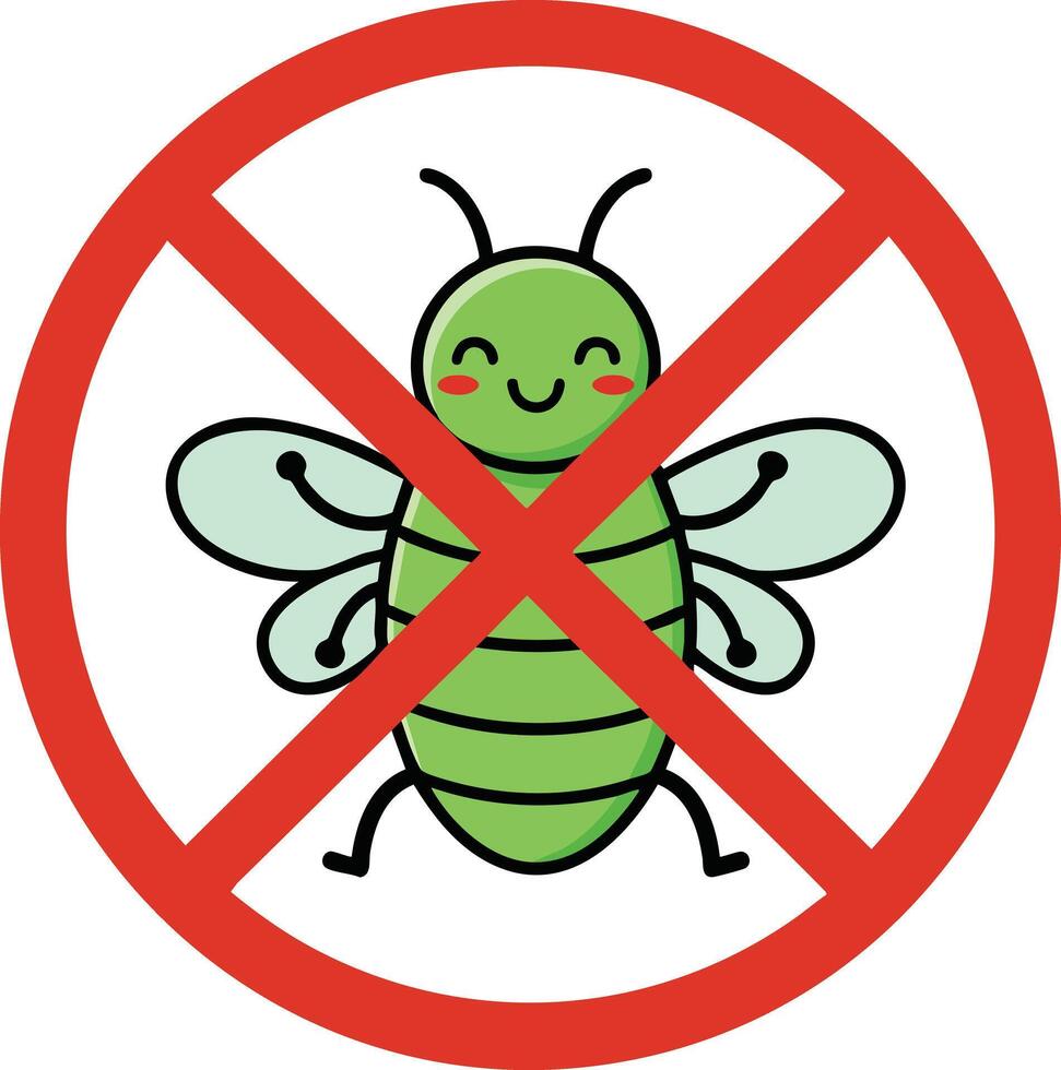 Cute green insect with prohibition sign no bug pest control symbol illustration vector