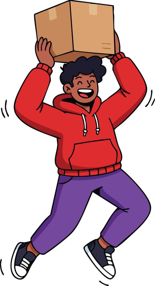 Happy young man jumping while holding cardboard box above head in casual clothing illustration vector