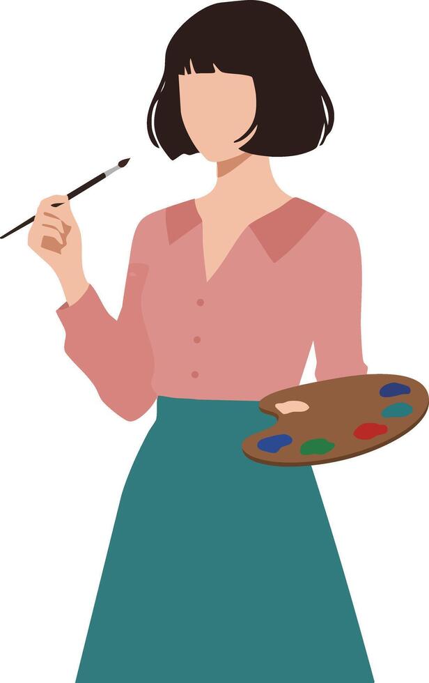 Female artist painting with brush and color palette in casual clothing creative art lifestyle illustration vector