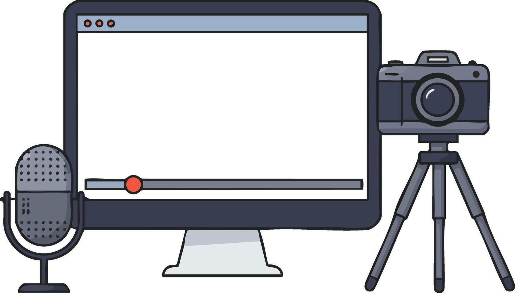 Multimedia content creation setup with computer microphone and camera on tripod for production workflow vector