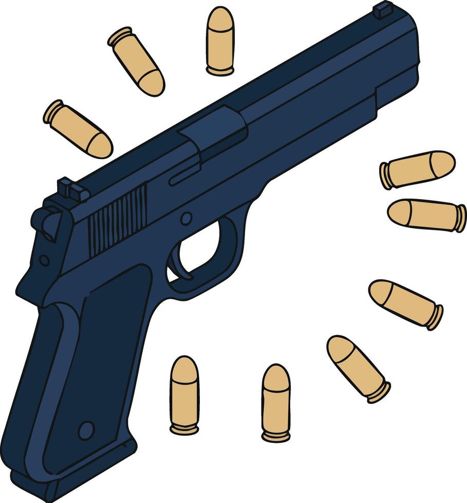 Handgun pistol with scattered bullets illustration in black and tan colors for security and weapon design elements vector
