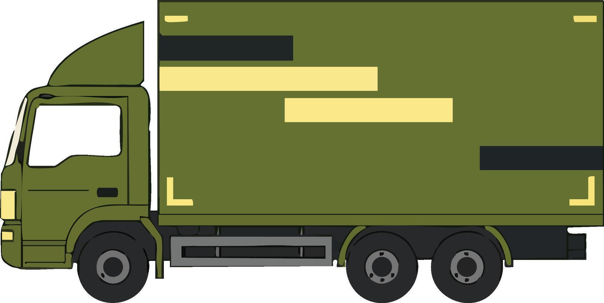 Military green cargo truck illustration with camouflage design and six wheels for transport and logistics purposes vector