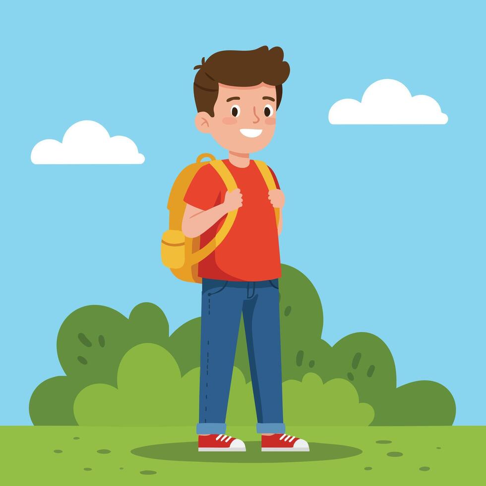 Boy with backpack standing outdoors on grass with bushes and clouds in blue sky illustration vector