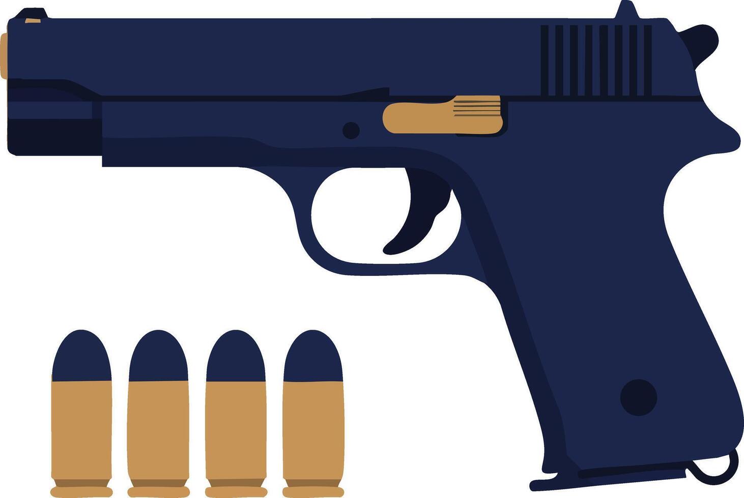 Handgun with bullets side view illustration of navy blue pistol and ammunition design elements vector