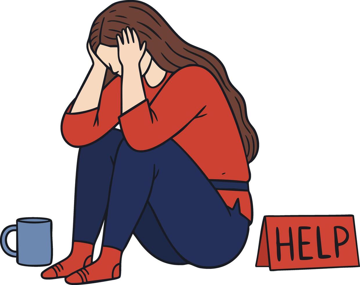 Stressed woman sitting with head in hands next to help sign and cup illustration vector