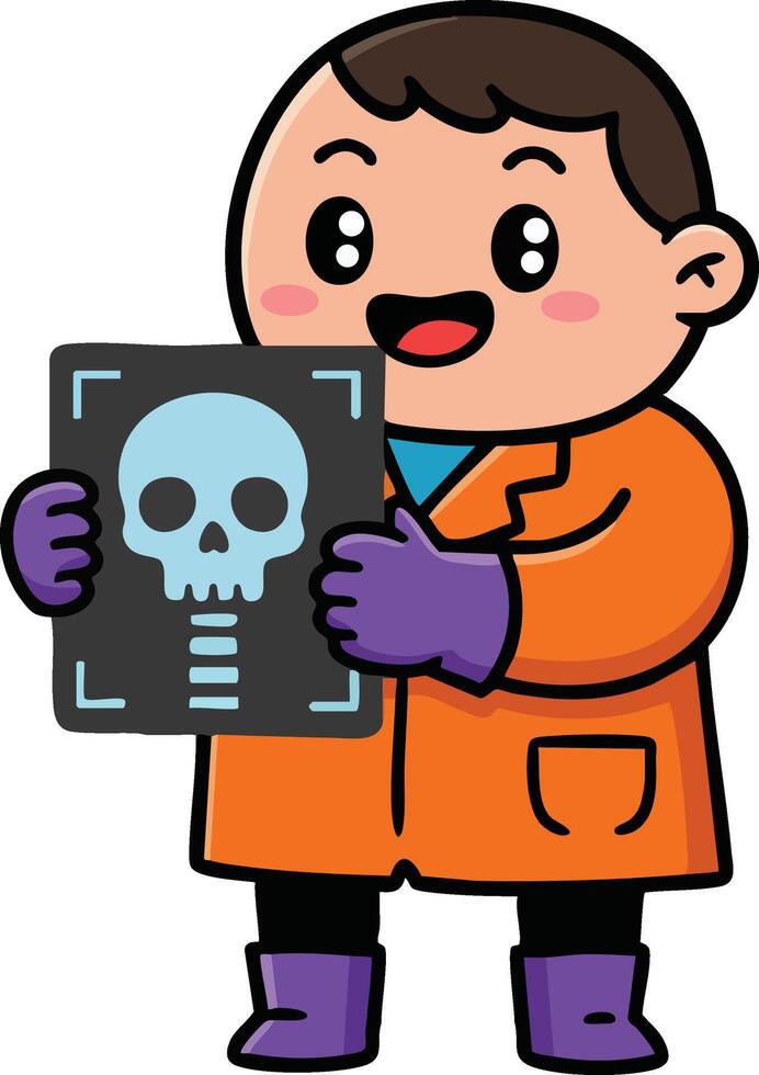 Child holding x-ray image of skull wearing orange coat and purple gloves in cute style vector