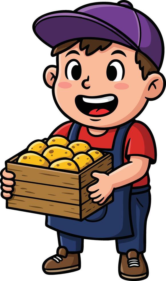 Boy holding wooden crate full of potatoes smiling cheerful cartoon character in purple cap and apron vector