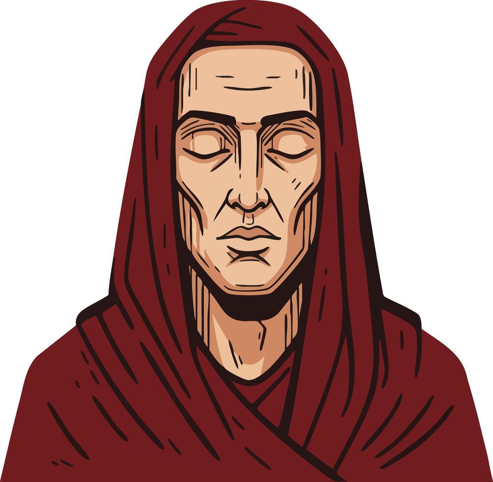 Male monk with closed eyes wearing dark red robe spiritual calm serene expression illustration vector