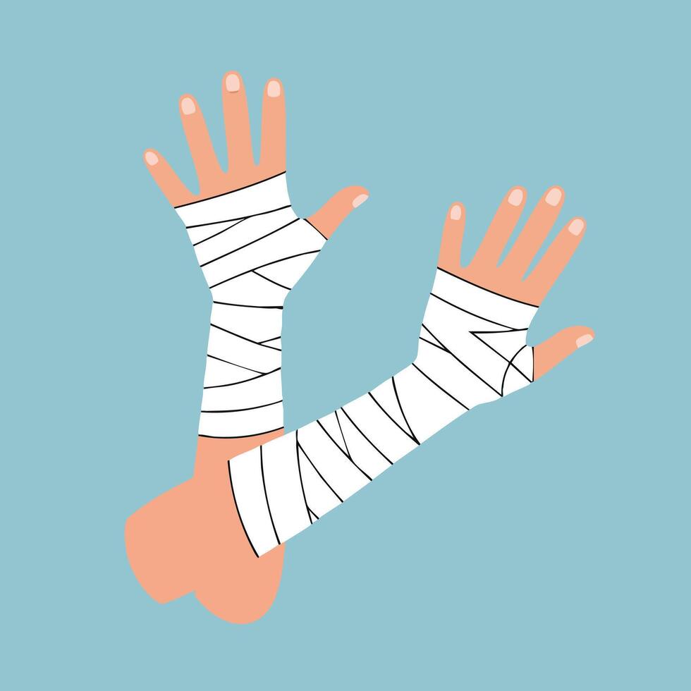 Hands with white bandages wrapped around wrists and fingers on blue background illustration medical care concept vector