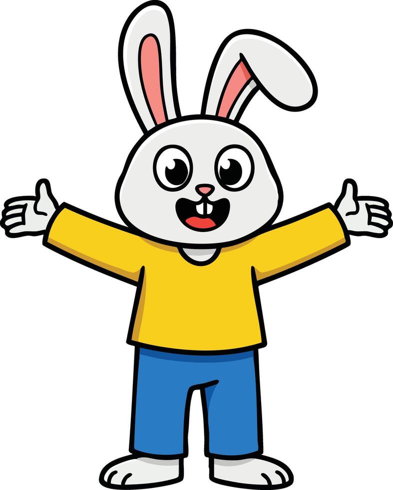 Happy cartoon rabbit character with yellow shirt and blue pants spreading arms wide welcoming gesture illustration vector