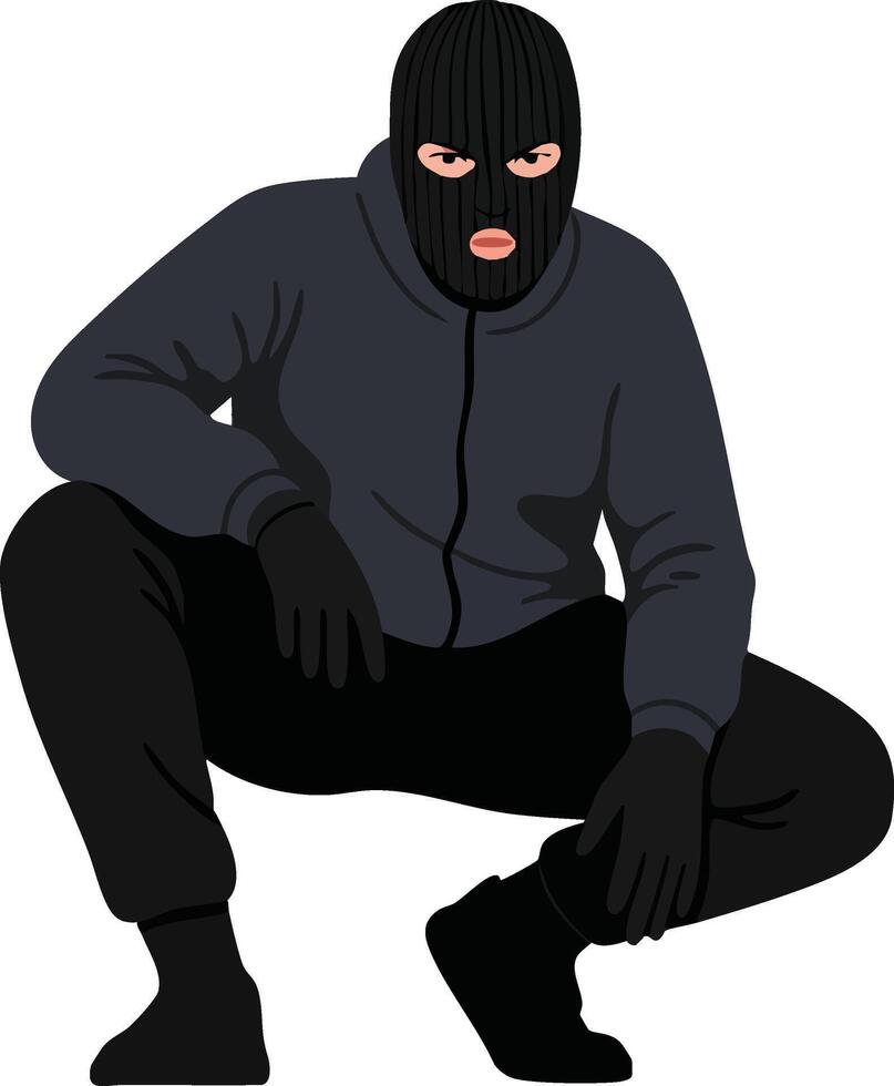 Man wearing black ski mask and dark clothing crouching in isolated pose illustration vector
