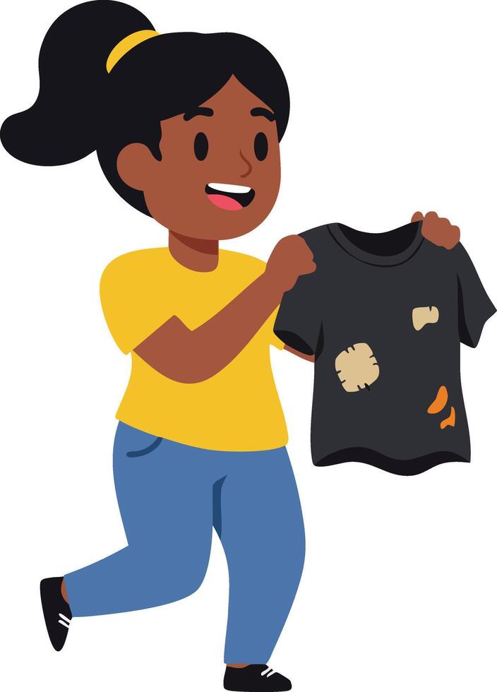 Girl holding dirty worn t-shirt with holes and stains running happily in casual clothes illustration vector