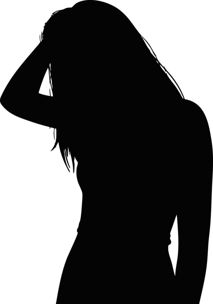 Female silhouette with hand in hair standing pose design for creative projects and artistic illustration vector