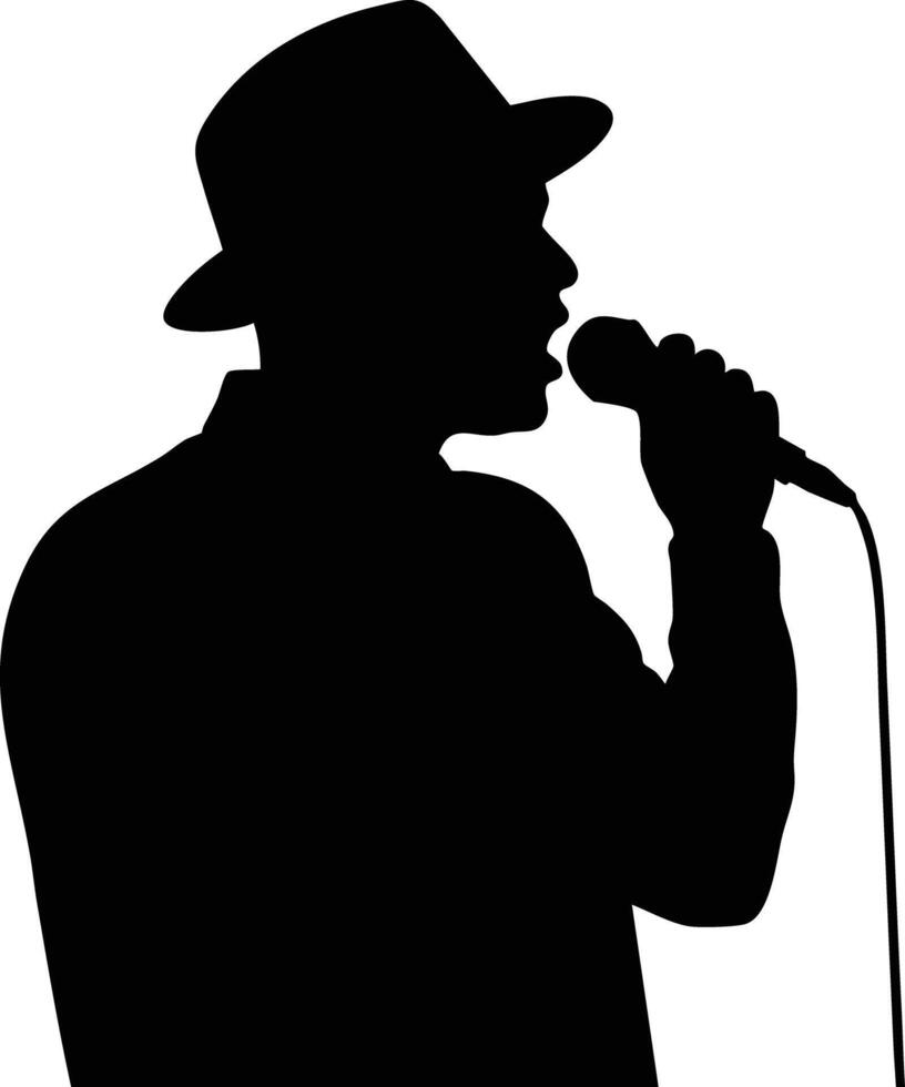 Silhouette of male singer with fedora hat holding microphone in black design vector
