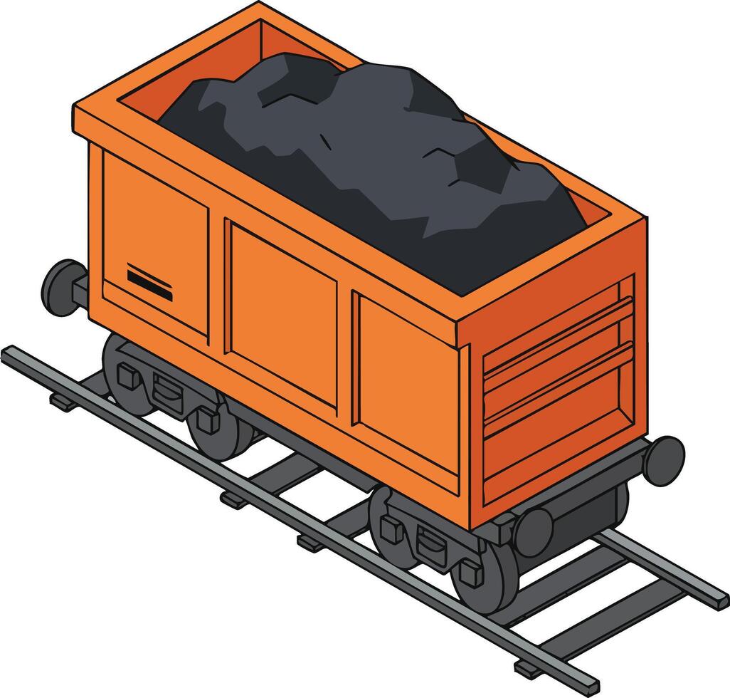 Coal mining cart filled with black coal on railway track isometric illustration design vector
