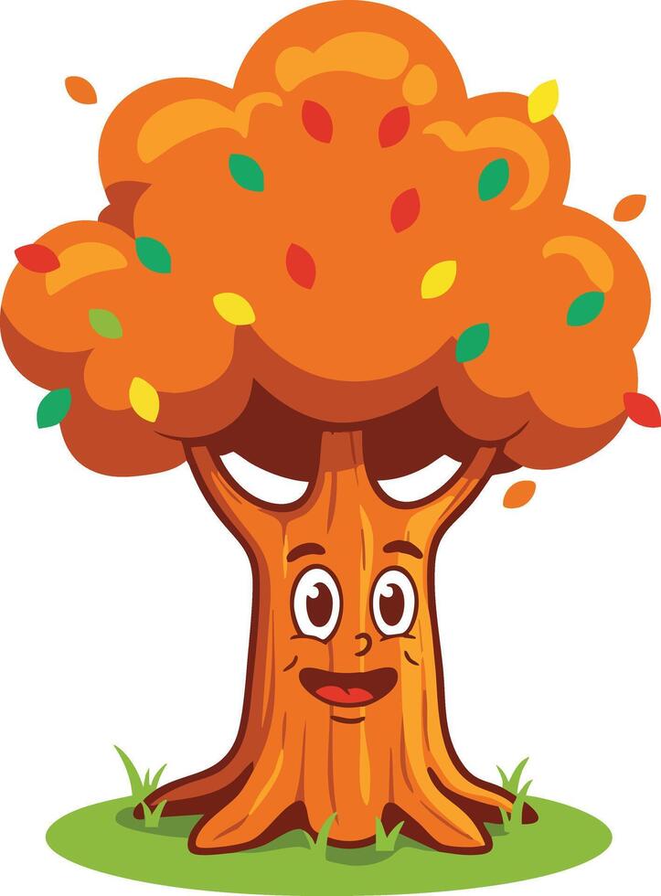 Cartoon autumn tree with orange leaves and happy face illustration for kids nature design and seasonal fall concept vector