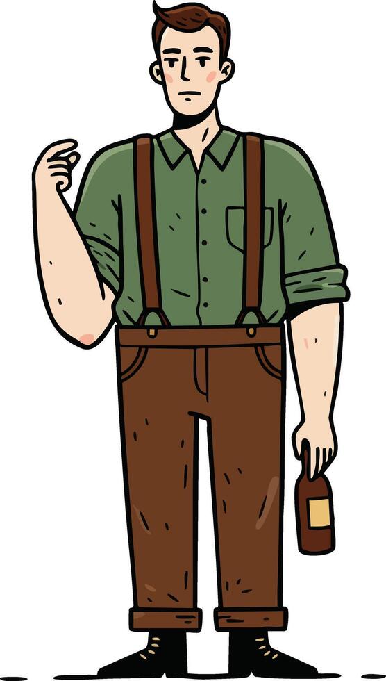 Man with brown suspenders holding bottle casual standing pose illustration vector