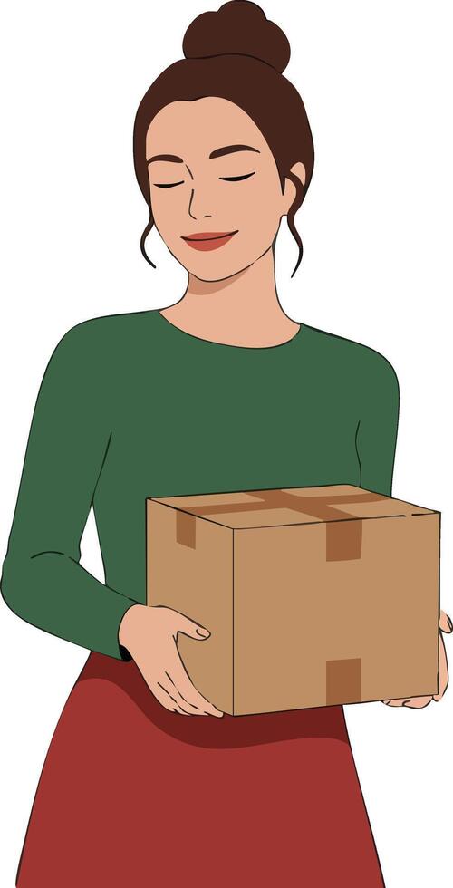 Woman carrying cardboard box wearing green top and red skirt with closed eyes calm expression illustration vector
