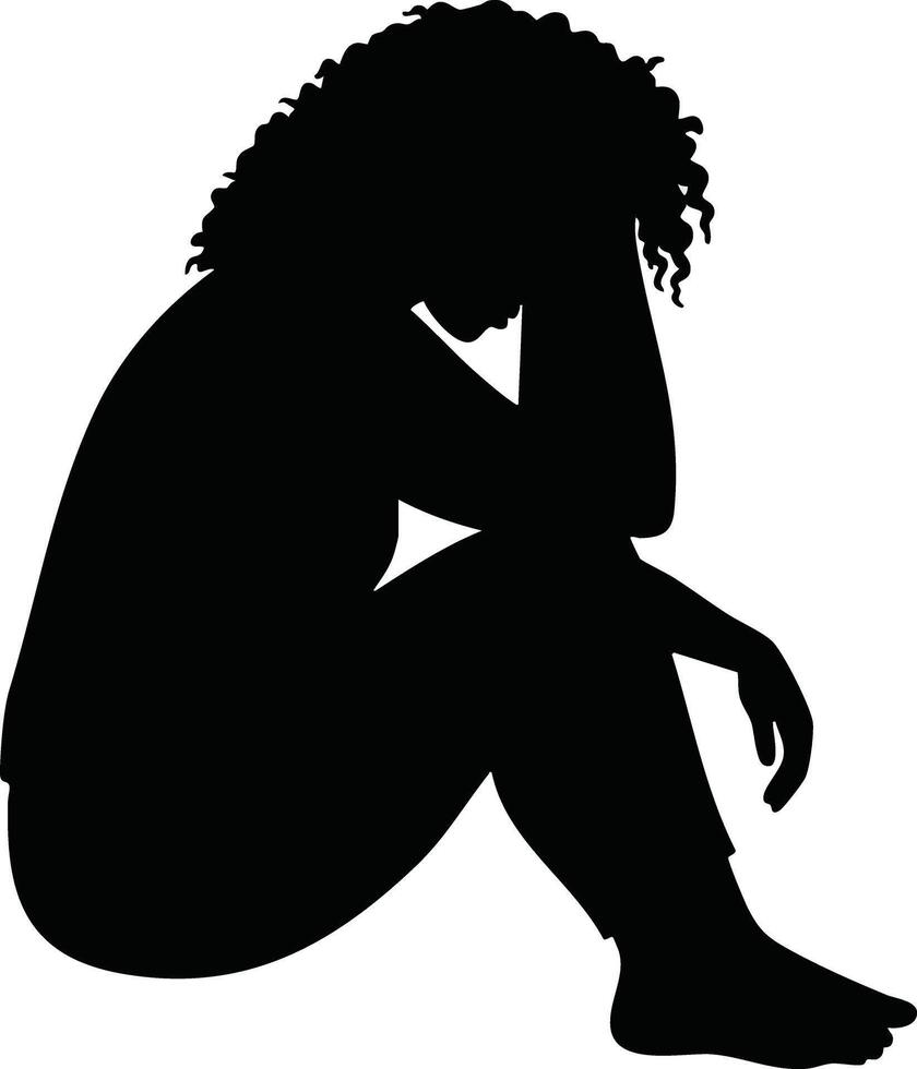 Silhouette of sad woman sitting with head in hands expressing stress and emotional pain illustration vector