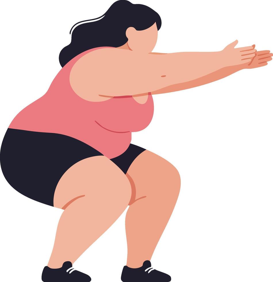 Plus size woman exercising squats fitness workout routine for health and strength training illustration vector