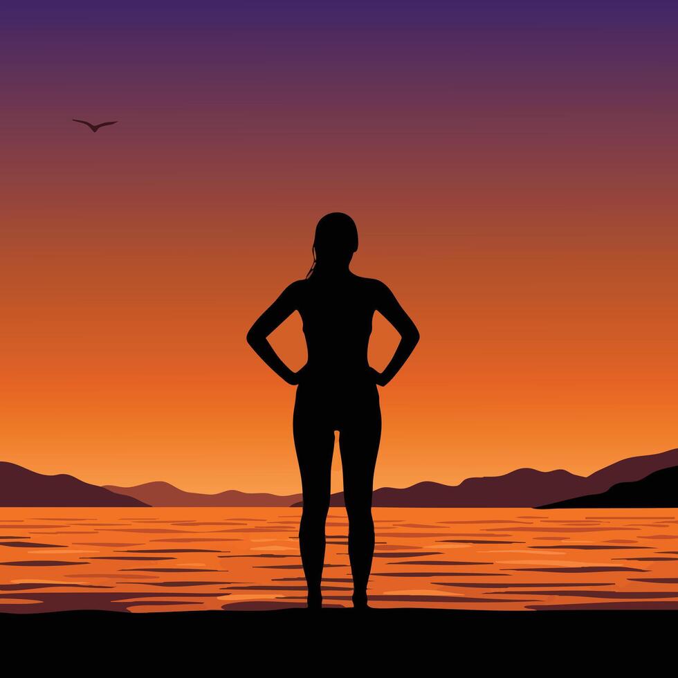 Silhouette of woman standing on shore watching orange and purple sunset over calm lake landscape illustration vector