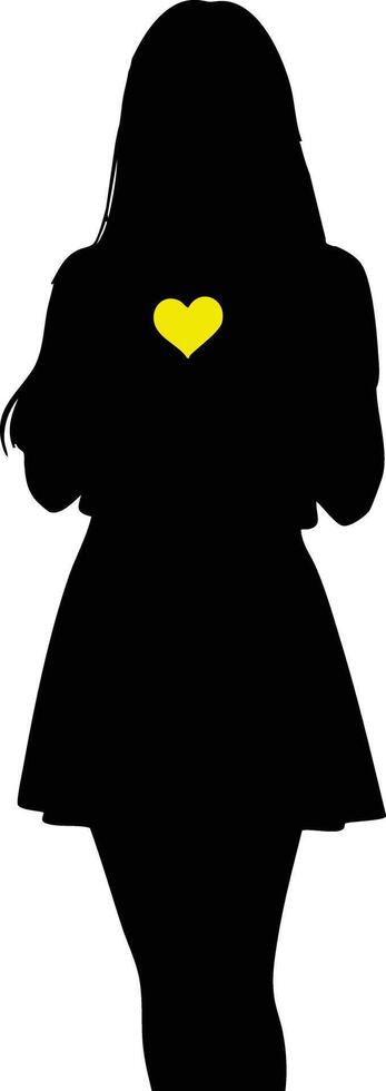 Silhouette of woman holding yellow heart symbol on chest illustration with black and yellow color contrast vector