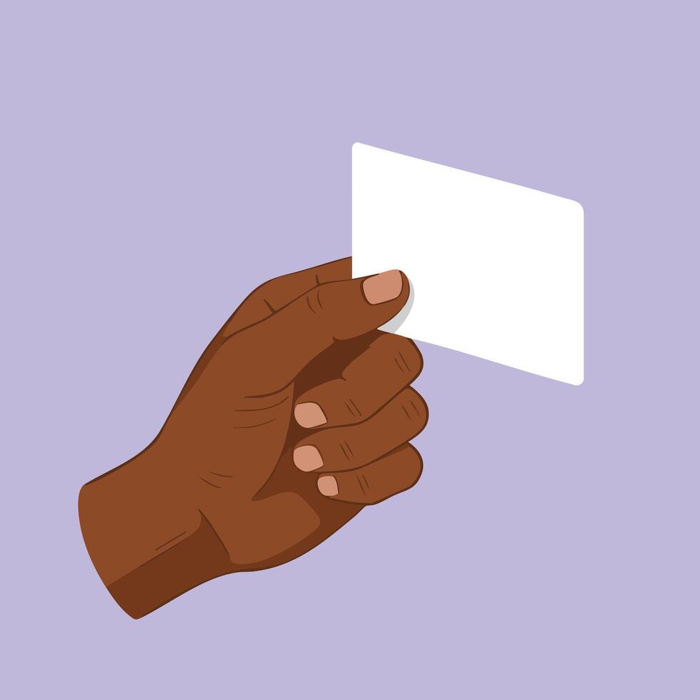 Dark skinned hand holding blank white card illustration on purple background for business or identity concept vector